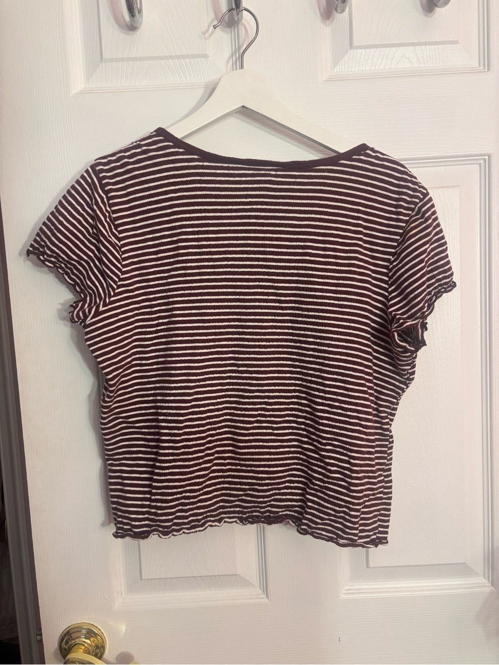 Striped Short Sleeve Crop Top in Maroon and White